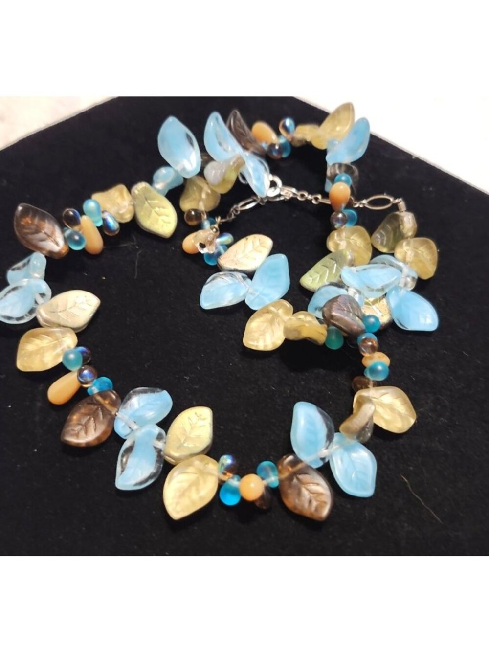 Handcrafted Blue Acrylic Leaves Bead Necklace Brown & Gold Tones Accents Hippie